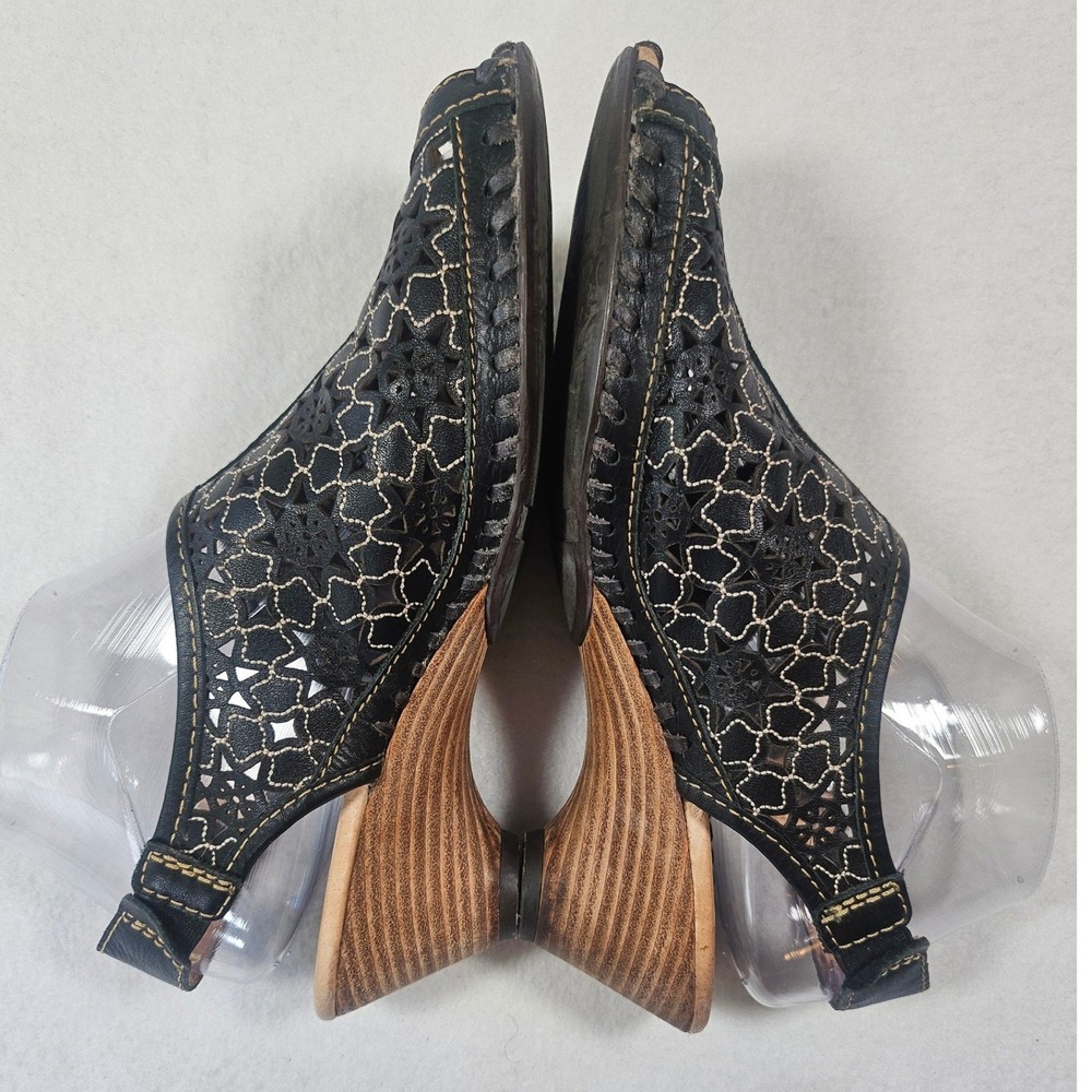 Pikolinos Black‎ Leather Laser Cut Floral Wedge Sandals Peep Toe  Boho size 38